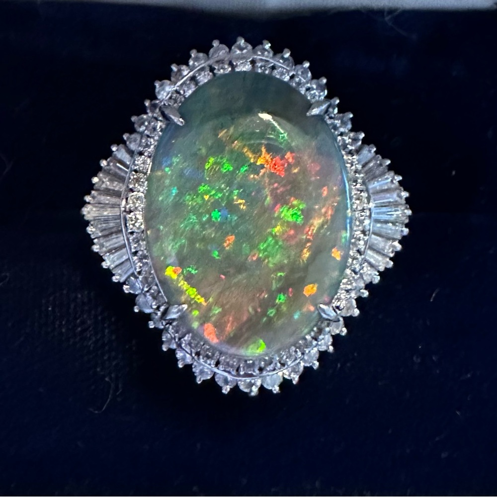 Rare Estate Black Opal Ring, platinum & diamonds 21x15mm, size 6